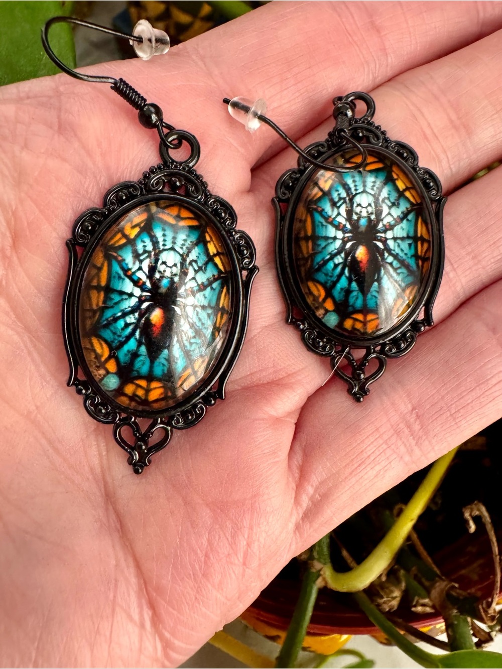 Vintage-Style Spider Stained Glass Oval Earrings in Teal & Amber 2” long - Picture 3 of 4